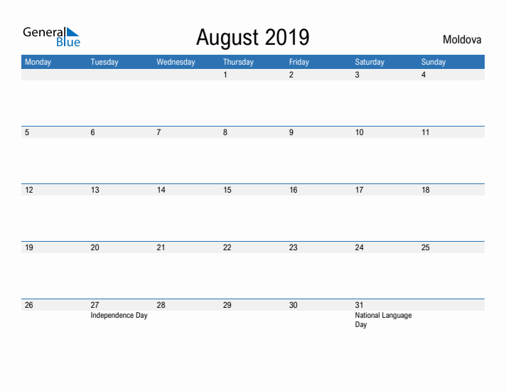 Fillable August 2019 Calendar