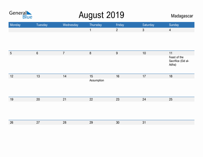 Fillable August 2019 Calendar