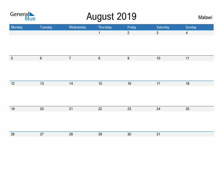 Fillable August 2019 Calendar