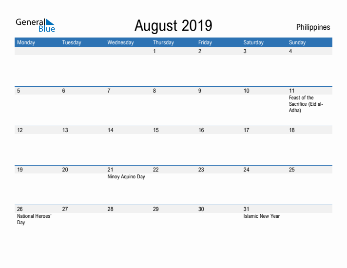 Fillable August 2019 Calendar