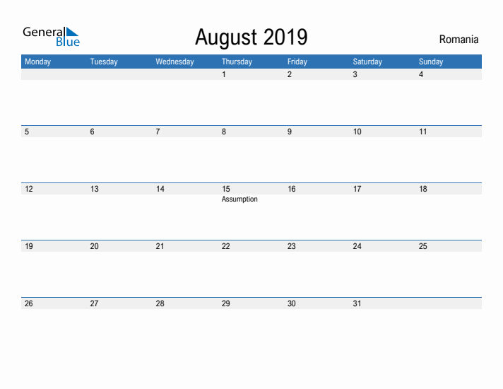 Fillable August 2019 Calendar