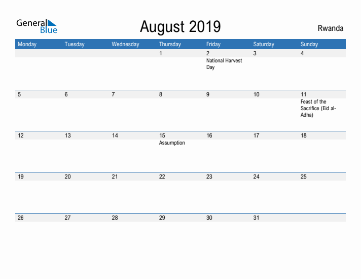 Fillable August 2019 Calendar