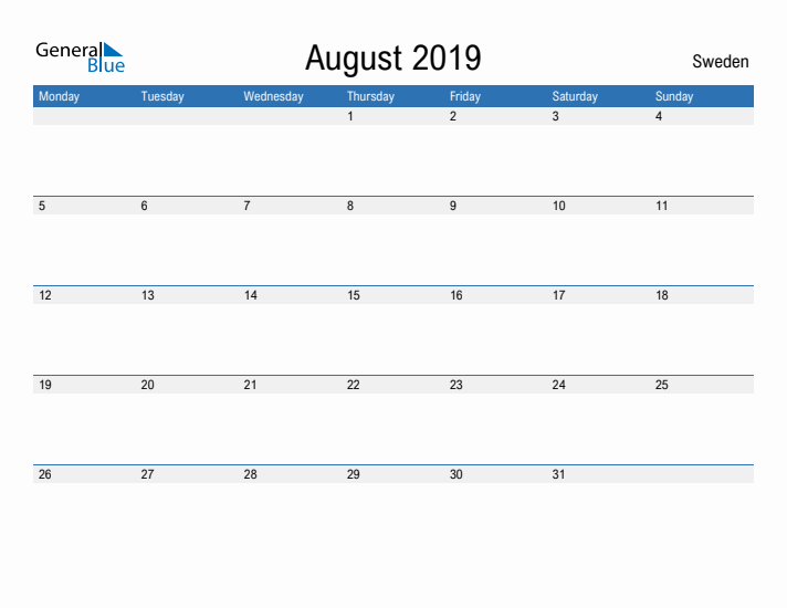 Fillable August 2019 Calendar