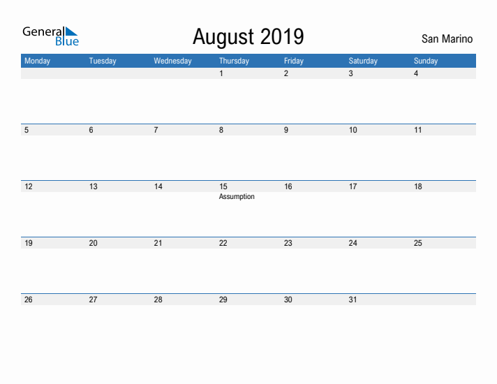 Fillable August 2019 Calendar