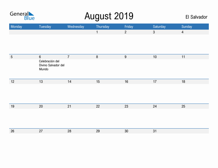 Fillable August 2019 Calendar