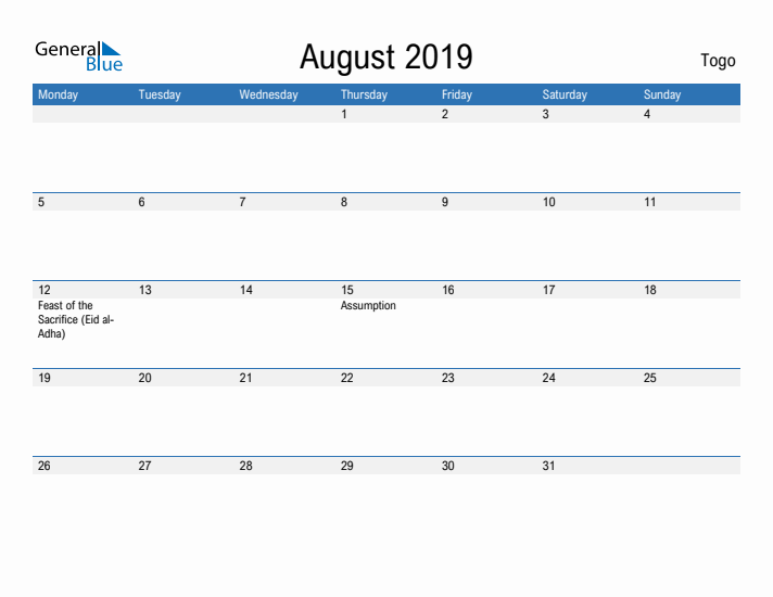 Fillable August 2019 Calendar