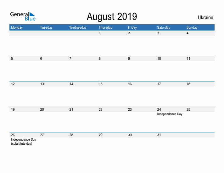 Fillable August 2019 Calendar