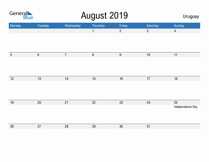 Fillable August 2019 Calendar