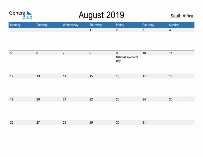 Fillable August 2019 Calendar