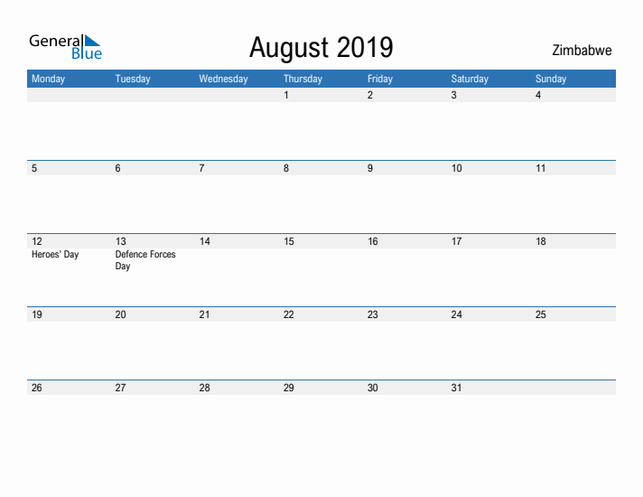 Fillable August 2019 Calendar