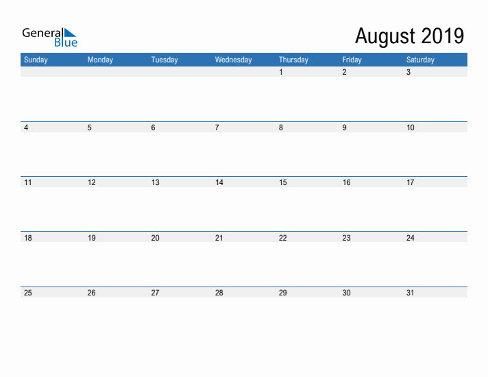 Fillable Calendar for August 2019