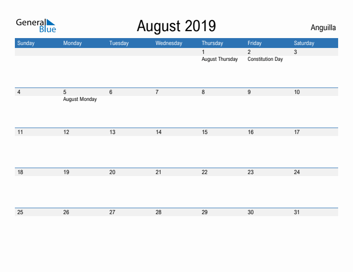 Fillable August 2019 Calendar