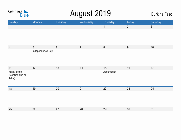 Fillable August 2019 Calendar