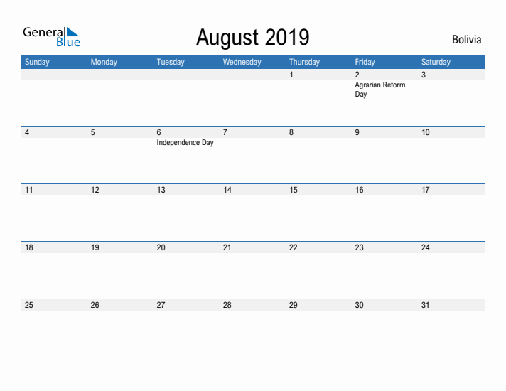 Fillable August 2019 Calendar