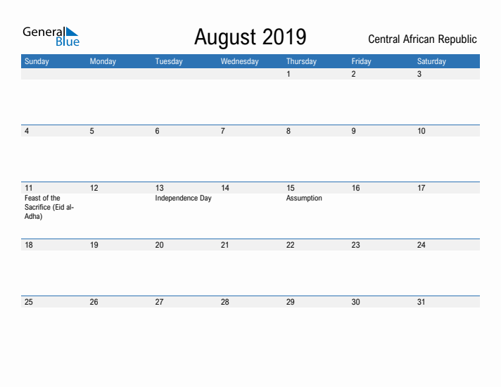 Fillable August 2019 Calendar