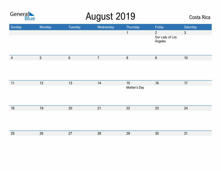 Fillable August 2019 Calendar