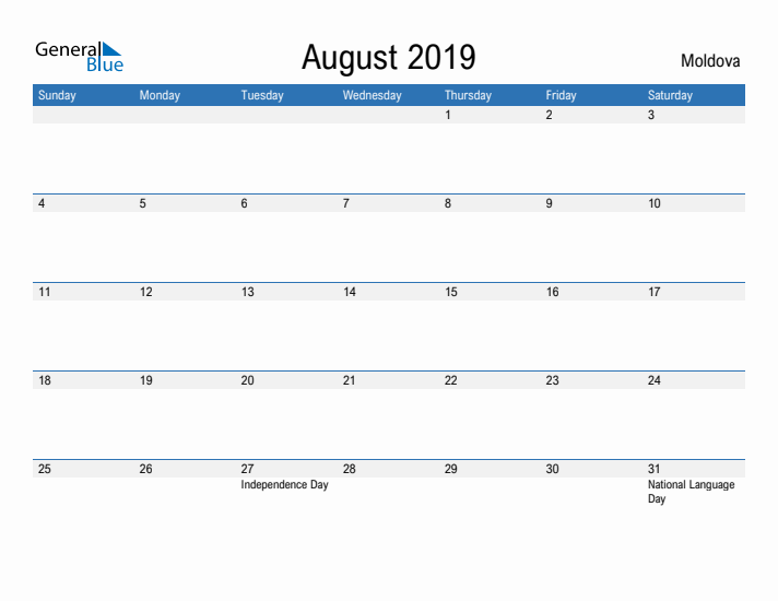 Fillable August 2019 Calendar