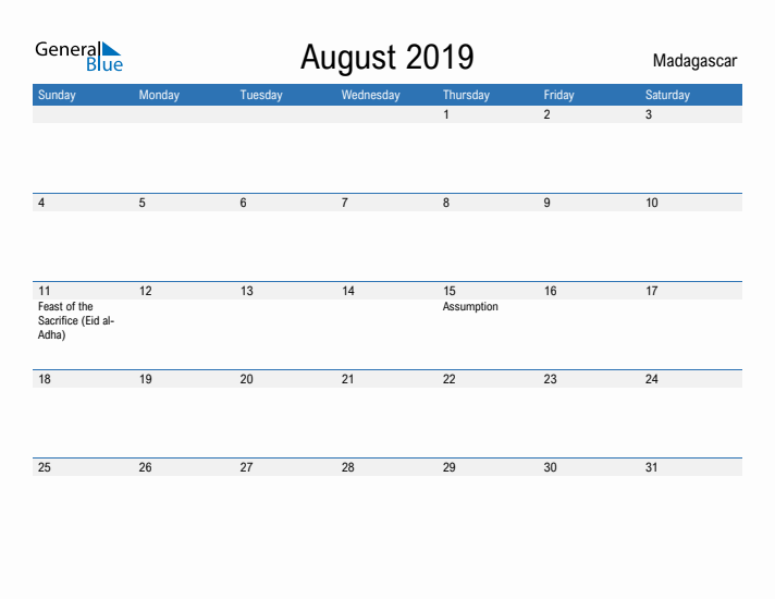 Fillable August 2019 Calendar