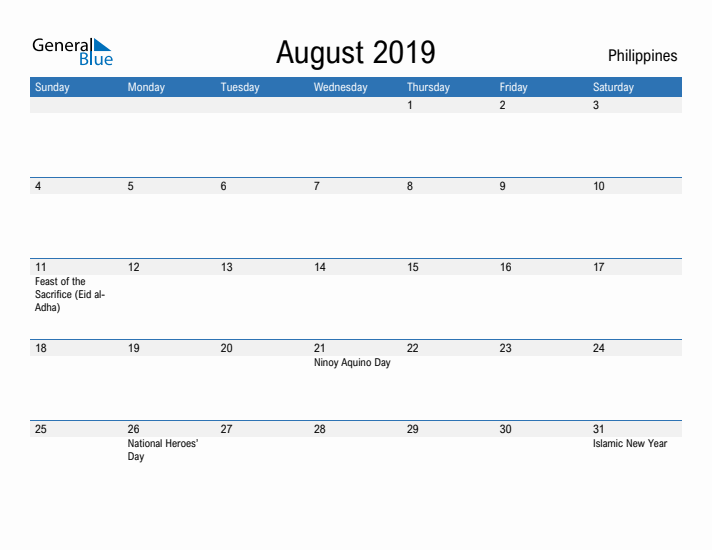 Fillable August 2019 Calendar