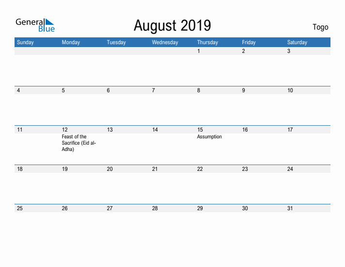 Fillable August 2019 Calendar