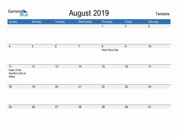 Fillable August 2019 Calendar