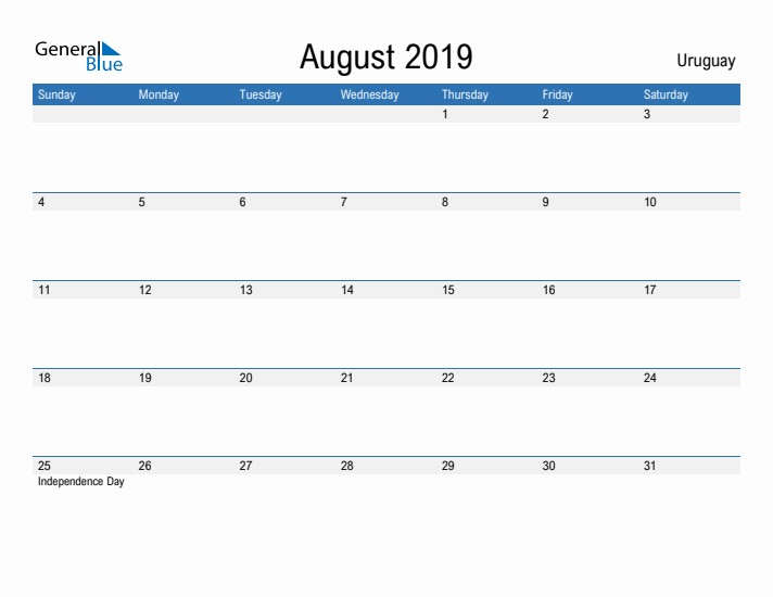 Fillable August 2019 Calendar