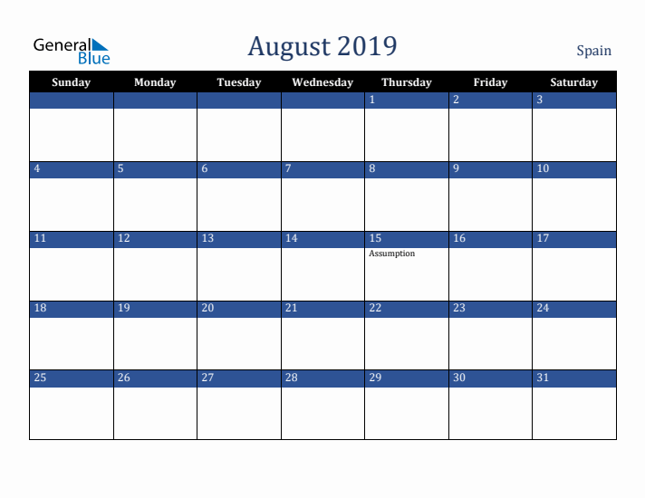 August 2019 Spain Calendar (Sunday Start)