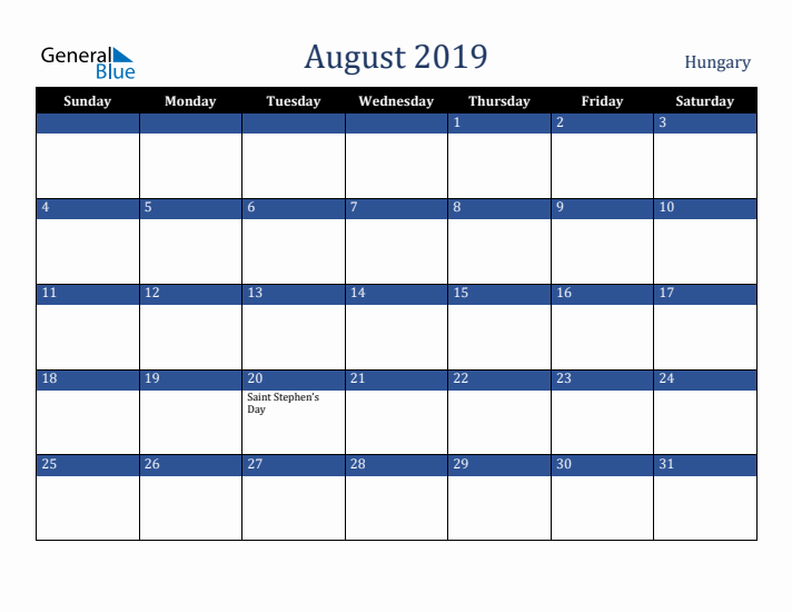 August 2019 Hungary Calendar (Sunday Start)