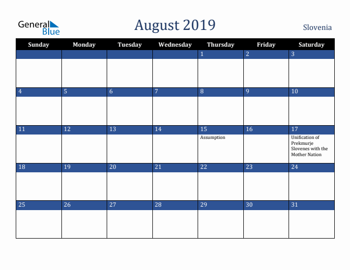 August 2019 Slovenia Calendar (Sunday Start)