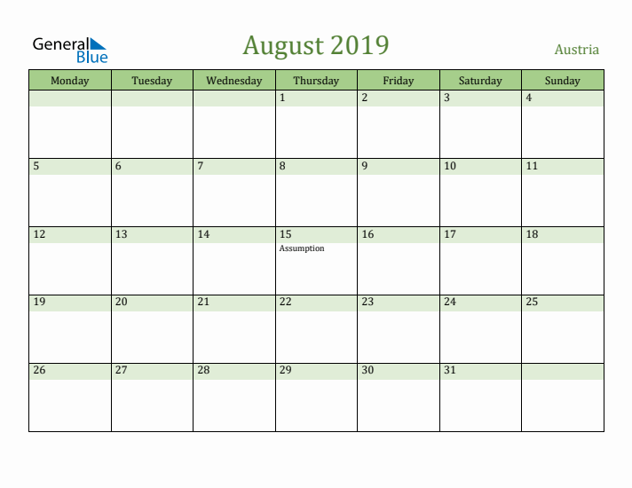 August 2019 Calendar with Austria Holidays