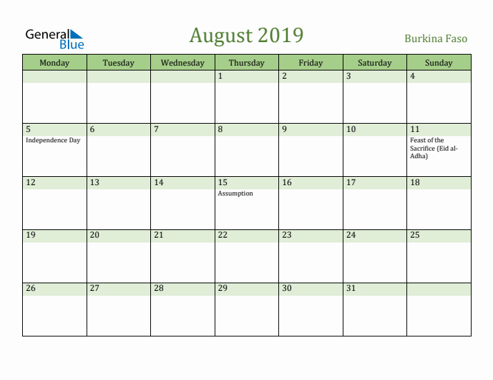 August 2019 Calendar with Burkina Faso Holidays