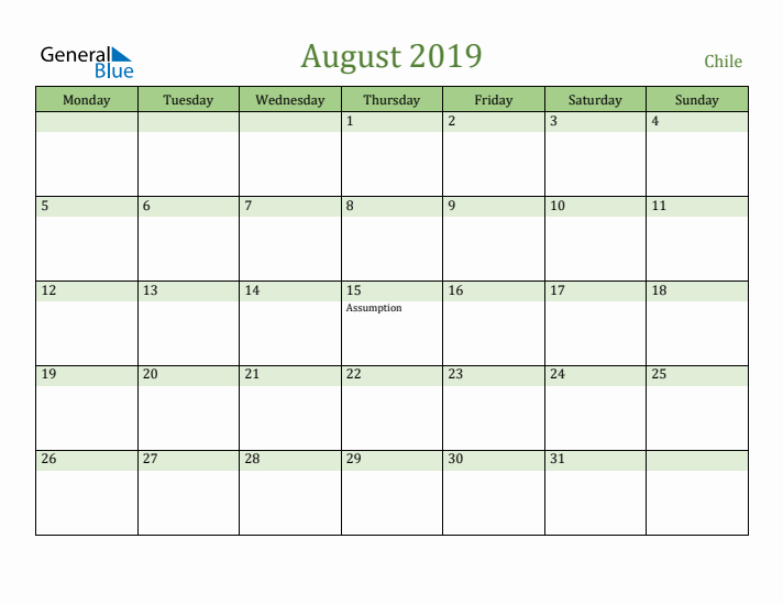 August 2019 Calendar with Chile Holidays