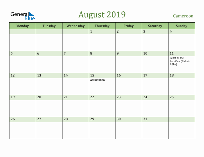 August 2019 Calendar with Cameroon Holidays