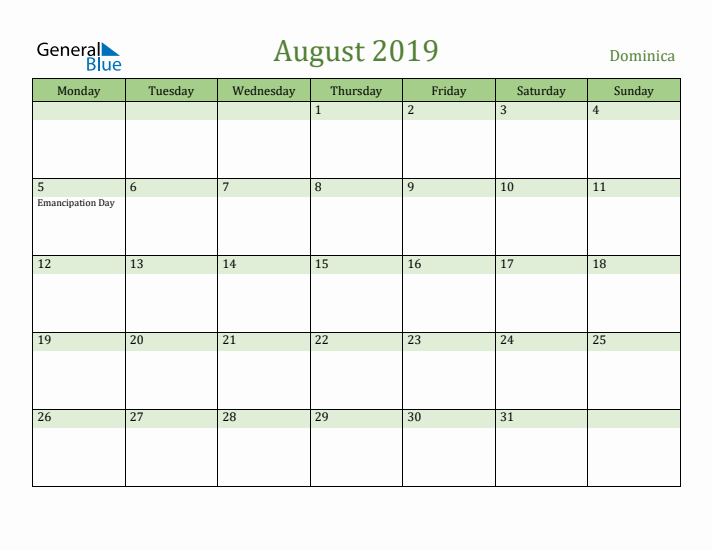 August 2019 Calendar with Dominica Holidays