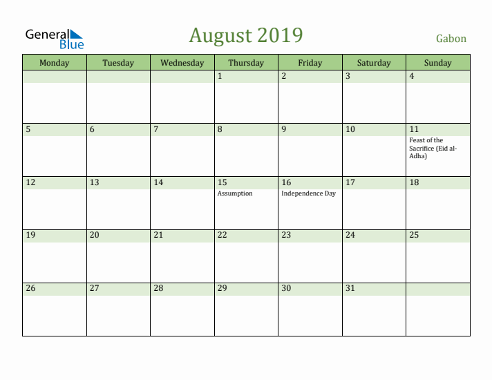 August 2019 Calendar with Gabon Holidays