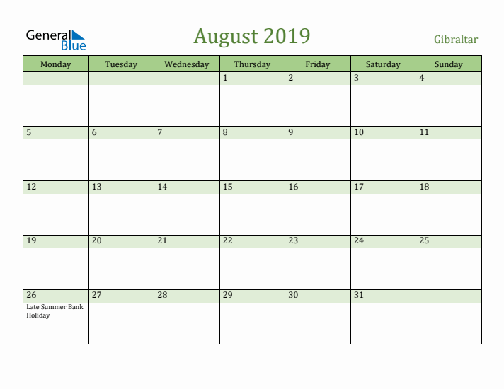 August 2019 Calendar with Gibraltar Holidays