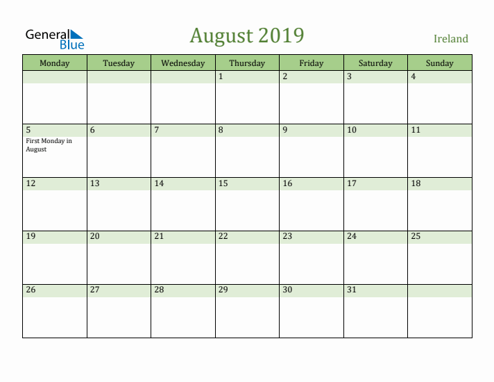 August 2019 Calendar with Ireland Holidays