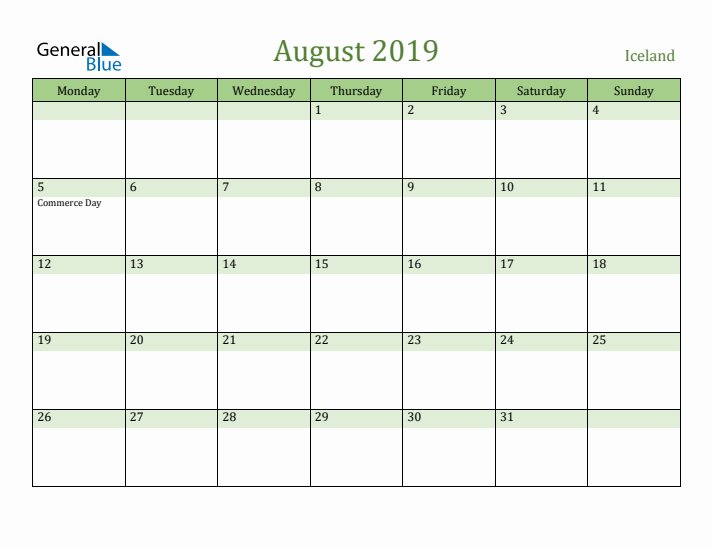 August 2019 Calendar with Iceland Holidays