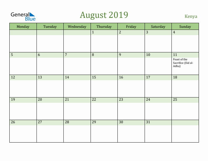 August 2019 Calendar with Kenya Holidays