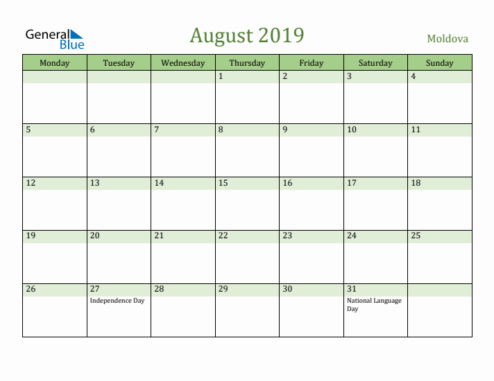 August 2019 Calendar with Moldova Holidays