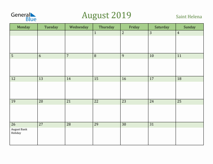 August 2019 Calendar with Saint Helena Holidays