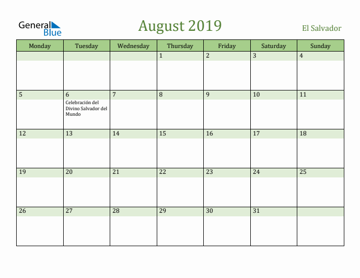 August 2019 Calendar with El Salvador Holidays