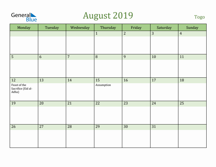 August 2019 Calendar with Togo Holidays