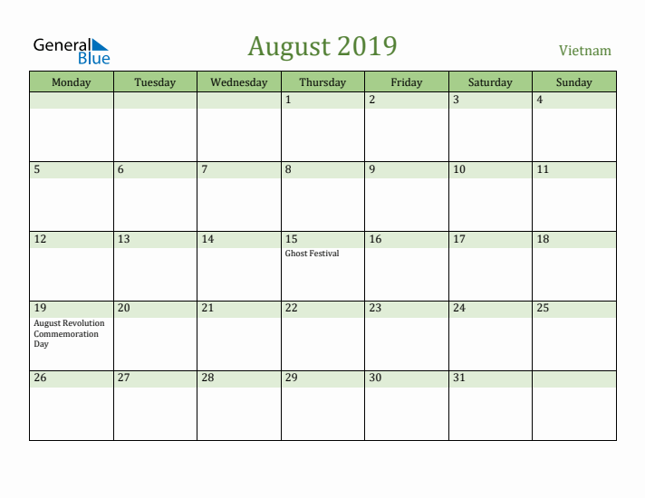 August 2019 Calendar with Vietnam Holidays