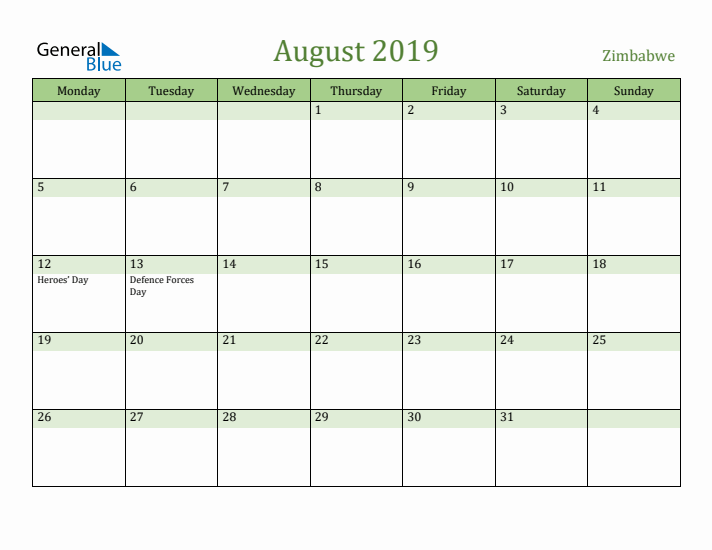 August 2019 Calendar with Zimbabwe Holidays