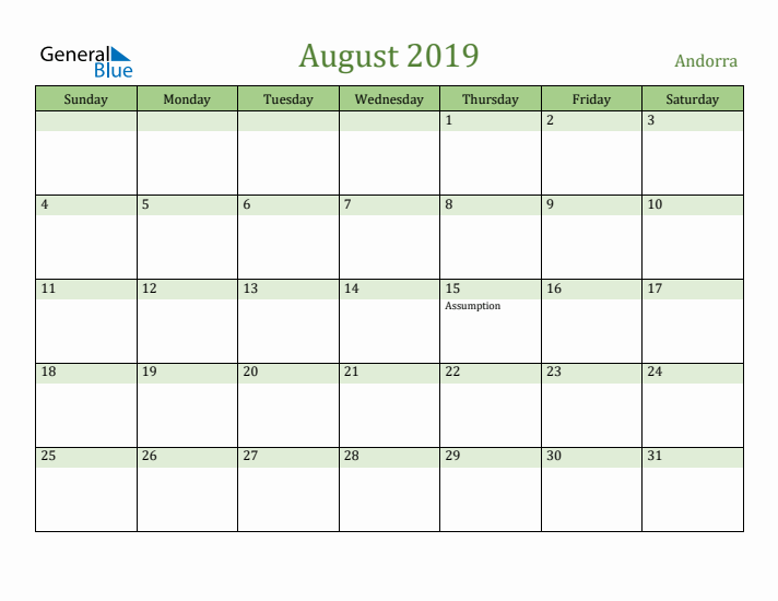 August 2019 Calendar with Andorra Holidays