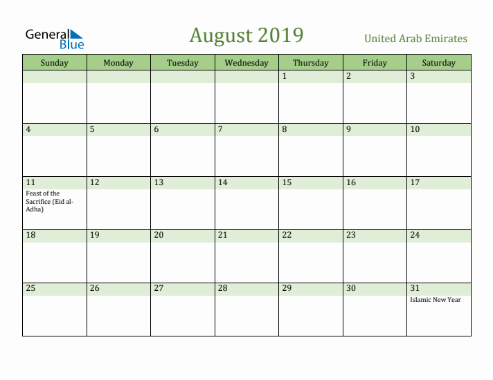 August 2019 Calendar with United Arab Emirates Holidays