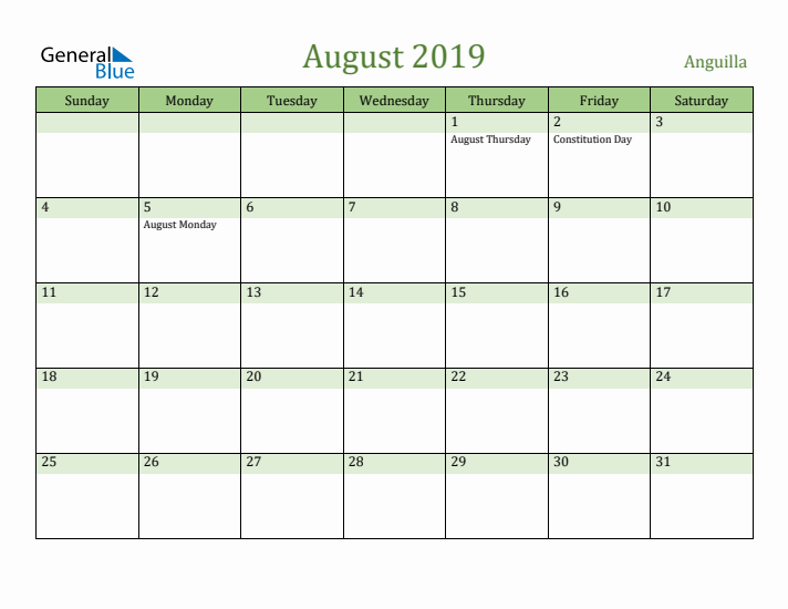 August 2019 Calendar with Anguilla Holidays