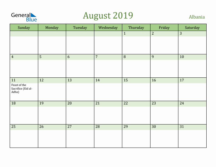 August 2019 Calendar with Albania Holidays