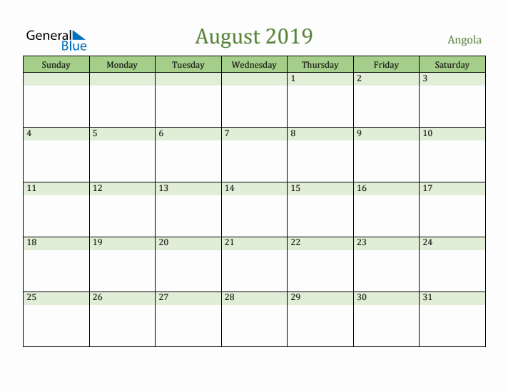 August 2019 Calendar with Angola Holidays